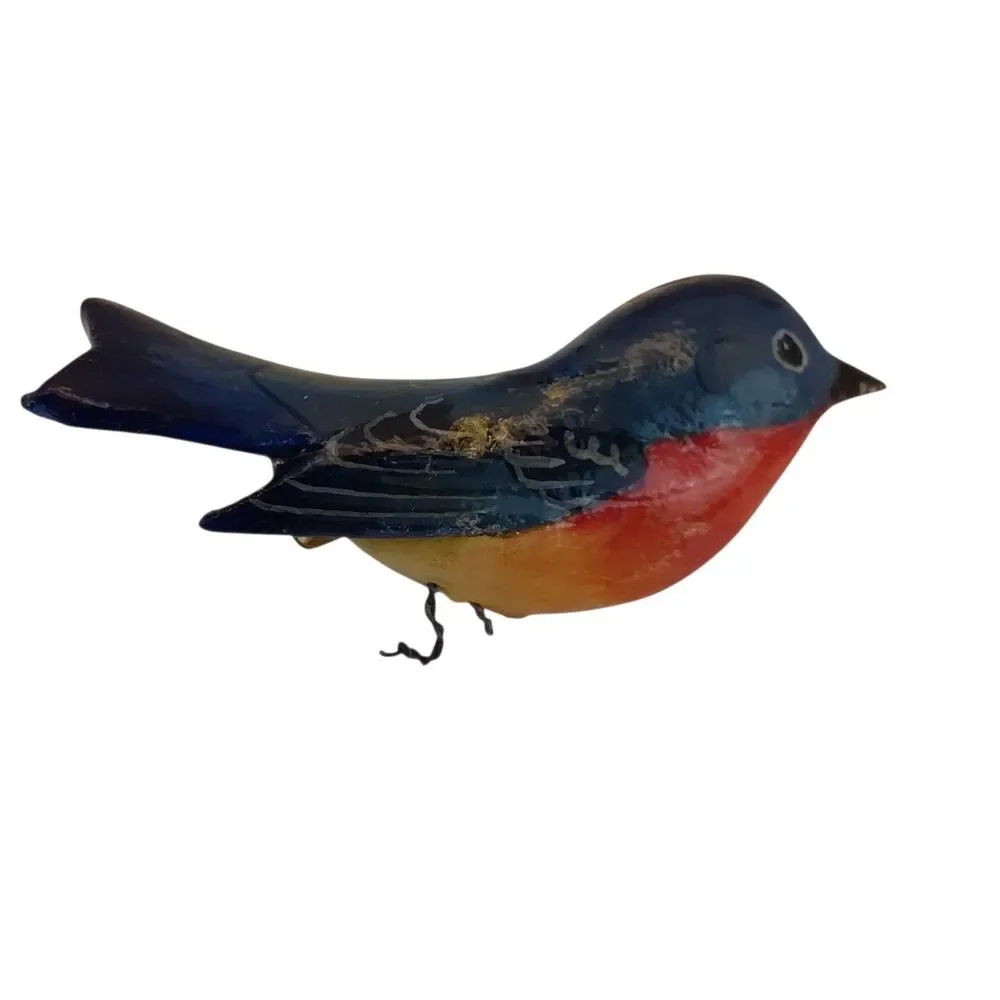 Wood Hand Painted Blue Bird Pin Brooch 1.75 ” Takahashi Style Vtg Unmarked